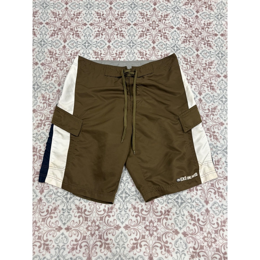 Ecko Unltd Mens Board Shorts Brown White Navy Blue Cargo Swim Trunks Size Medium